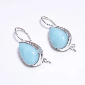 Natural Pear Shape Larimar Gemstone <b>Silver</b> Earrings, Gemstone <b>Silver</b> Earring Supplier, Custom Gemstone Jewelry Exporter - Product Image 1