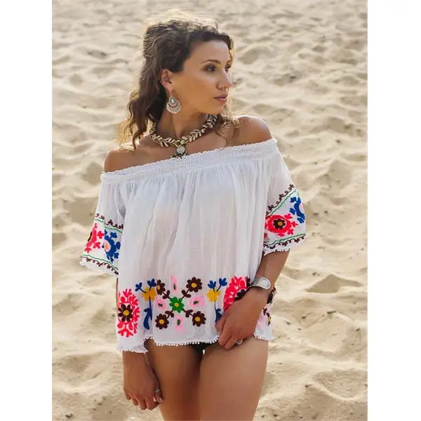 Premium Boho Gypsy Look Gorgeous Hola Bright Cheerful Embroider Women Blouse Stunning Lady Off Shoulder Suzani Pom Pom Lace Top