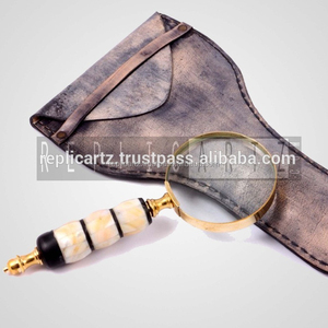 Mother of Pearl Leather Wrapped Brass Magnifying Glass Vintage <b>Nautical</b> <b>Decor</b> Handheld Magnifier Antique Optical Instrument - Product Image 4