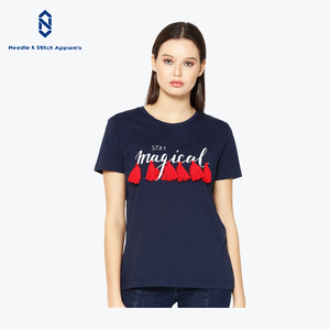 Camiseta deportiva informal ajustada de manga corta para mujer, diseño personalizado, apliques de punto, fabricante directo de Bangladesh - Product Image 4