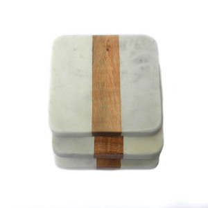 White Marble and Wooden Square Shaped Coaster <b>Set</b> <b>Placemat</b> Home Hotel Restaurant 4 Pcs <b>Set</b> - Product Image 1