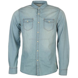 Camisas Vaqueras de Mezclilla Azul Medio Lavadas Personalizadas al por Mayor para Hombre, Corte Holgado, Manga Larga, Bolsillo con Botones, Estilo Cowboy, 100% Algodón, Antiarrugas - Product Image 2