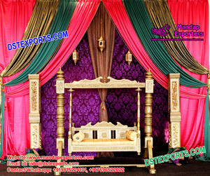 Royal-Designed Silver Carved <b>Swing</b> Set <b>Wooden</b> Jhula for Indian Wedding Stage Decoration Mehndi Stage Ornament - Product Image 1