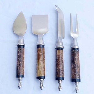 Juego de cuchillos para queso con mango en relieve de hueso Natural antiguo, bonitos cuchillos para queso, tabla redonda para queso de bambú, juego de cubiertos con mango giratorio - Product Image 6