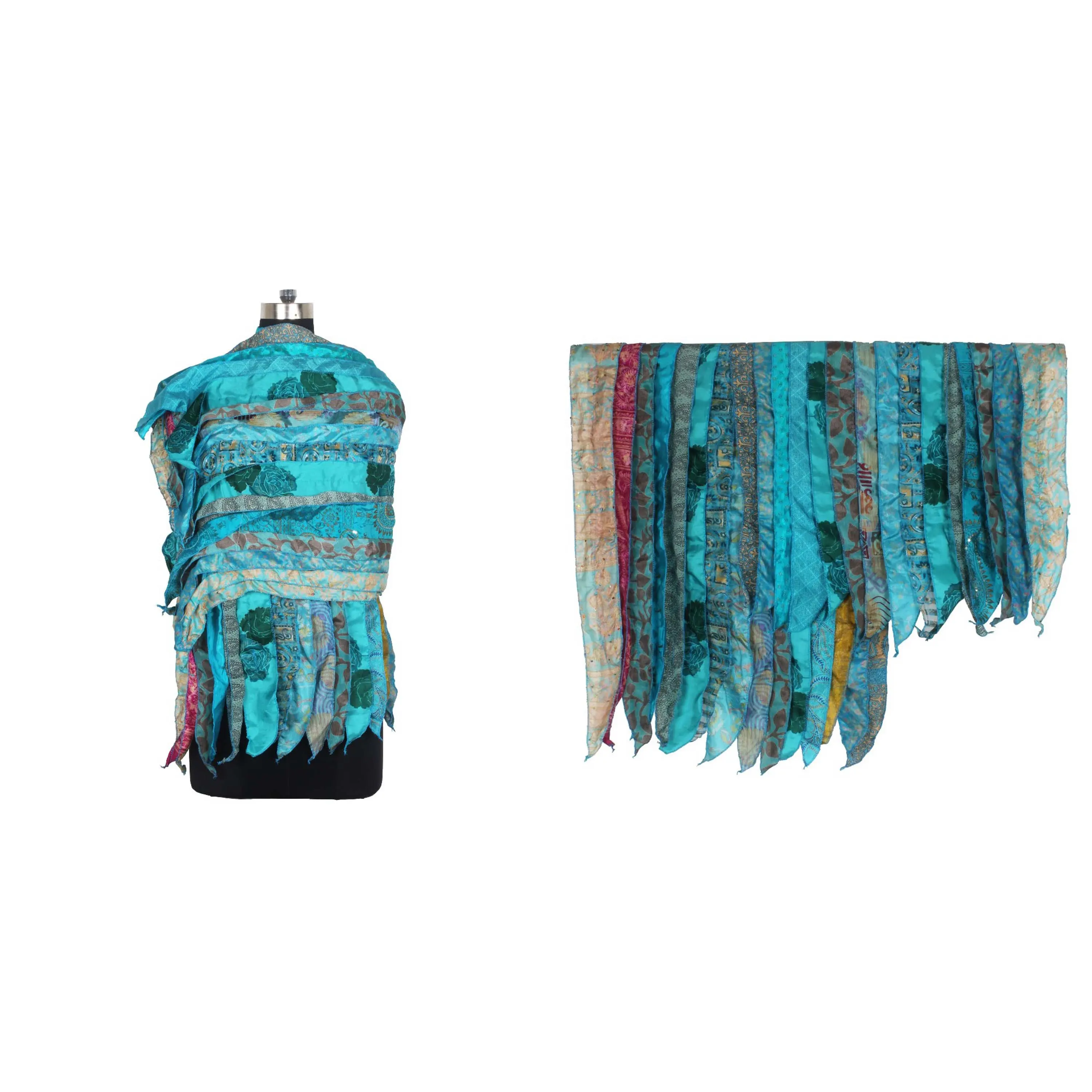 Zijden Sari Recycle Vintage Stola Sjaals Groothandel Indian Sari Patches Omkeerbare Sjaal Kleurrijke Gestreepte Sjaal Vintage Zijden Paneel