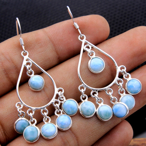 Wholesale 925 Sterling <b>Silver</b> Bezel-<b>Set</b> Dominican Larimar Gemstone Earrings for Women Gold Plated Jewelry for Weddings - Product Image 2