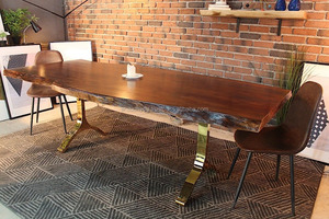 Vintage Style Acacia Wood Live Edge Dining <b>Table</b> With <b>Gold</b> Y Shaped Metals Legs - Product Image 3
