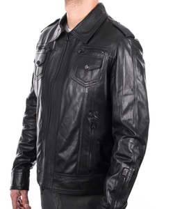 <b>Black</b> Biker Style Motorcycle Jacket Classic <b>Real</b> Leather Fashion Jacket with Front Zip and Pockets Comfortable Leather Jackets - Product Image 4