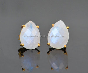 Arc-en-ciel pierre de lune Vermeil plaqué or 925 argent Sterling fait à la main boucles d'oreilles fines pierres précieuses naturelles bijoux en argent Unique - Product Image 1