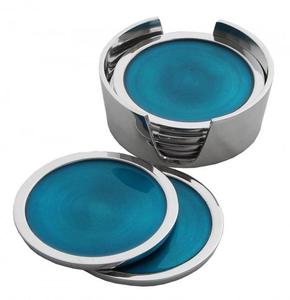 Dessous de verre décoratif en aluminium émaillé bleu avec support argenté pour la bière, le vin et la vaisselle. - Product Image 1