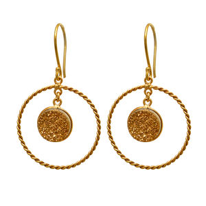 Classic Romantic Party Wear Natural Golden Druzy Gemstone Gold Plated Handmade 925 <b>Sterling</b> <b>Silver</b> 4cm <b>Drop</b> Women <b>Earrings</b> - Product Image 1