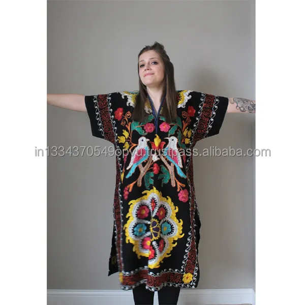 Uzbek Suzani Confortável Do Vintage Floral e Pássaro Bordado Side Slit Kaftan Vestido Tribal de Alta Qualidade Elegante Túnica Boêmio