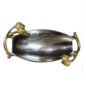 Poignée en forme de feuille plaquée dorée Les deux côtés du bol en aluminium Texture martelée en métal pour la maison Bol décoratif - Product Image 1
