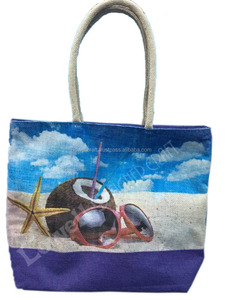 Jute Shopping <b>Bag</b> with Geometric Pattern Mini Size Rope Handle Daily Use Lowellcraft JBB05631 - Product Image 5