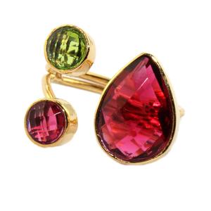 Nouvelle bague en pierre précieuse de quartz hydro rond et poire, plaquée or 24 carats, bague à trois pierres réglable, faite à la main - Product Image 2