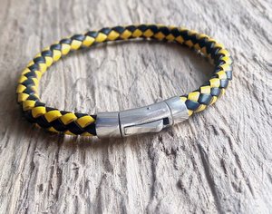 <b>Mens</b> Black and Yellow Braided Leather & Sterling <b>Silver</b> Bracelet - Product Image 1