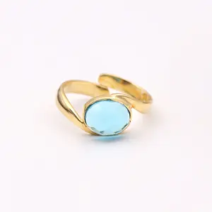 Стильное кольцо с голубым топазом, позолоченное кольцо круглой формы, регулируемое кольцо, ювелирные изделия, подарок на день рождения, модные украшения