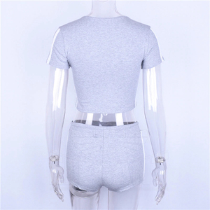 2025 femmes été Shorts ensembles côté rayure haut court court deux pièces ensemble à manches courtes culture t-shirt été femmes Shorts ensemble - Product Image 2