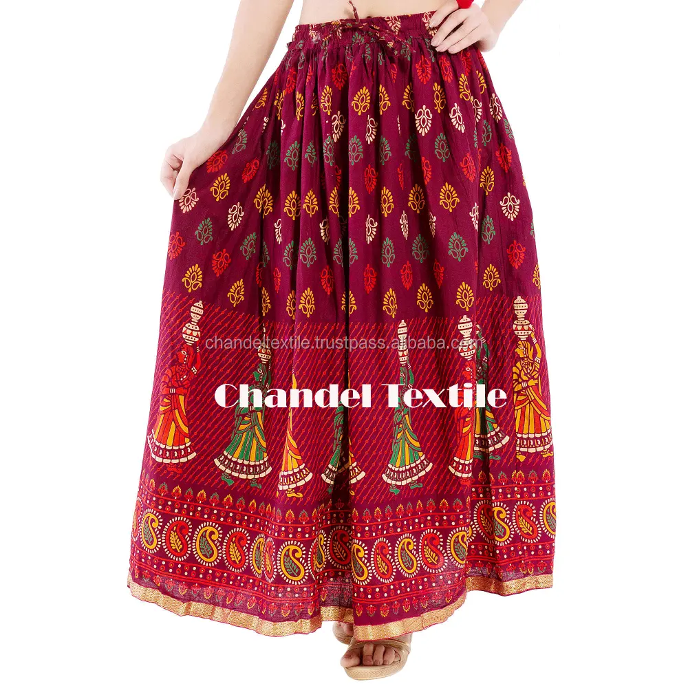 Jaipuri Rajasthani Cotton mehrfarbiger Block druck Gerader langer Rock für Frauen bestickte Röcke wickeln Röcke im Hippie-Stil