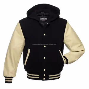 Genuine Leather Sleeve Letterman College Varsity Wool Hoodie Jacket - Black/ Cream