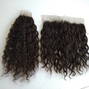 Cierre de encaje y paquete de ondas de agua frontales con cabello Remy indio Color natural 20 "Longitud Curl francés - Product Image 1