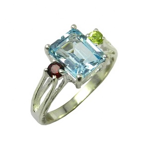 Pure 925 Natural <b>Blue</b> Topaz Garnet Multi Gemstone Eternity Vermeil Ring Indian Sterling Silver Weddings Parties Bezel Setting - Product Image 1