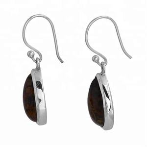 Pendientes colgantes de oreja de Plata de Ley 925 para mujer, forma de pera, Jaspe marrón, piedras preciosas, bisel Chapado en plata, ajuste, bodas, fiestas - Product Image 2