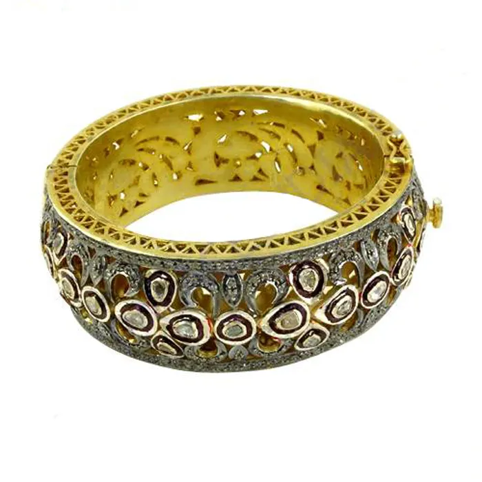 Pulsera de diseño étnico indio para mujer, brazalete de plata 925 chapado en oro y diamante