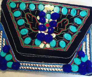 Banjara tradicional, bolso de mano con un solo bordado, azul oscuro, pompón de piedra, trabajo con cuentas, forro de lona, cierre de cremallera, uso diario - Product Image 2