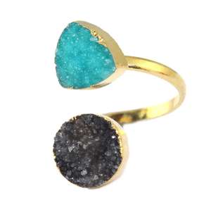 Wholesale Collection Natural Black & Sky Blue Druzy <b>Ring</b> <b>Brass</b> 24K Electroplated Adjustable <b>Ring</b> Handmade Statement <b>Ring</b> - Product Image 2
