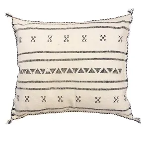 Natural White Cactus silk with black Berber designs, Vintage Moroccan pillow cover