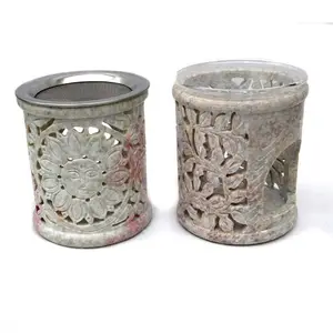 Natural Stone Handmade Soapstone Aromatic Indian Sun Design Hand made Fine Carving Resin Incense Cylindrical Aroma Oil Burner