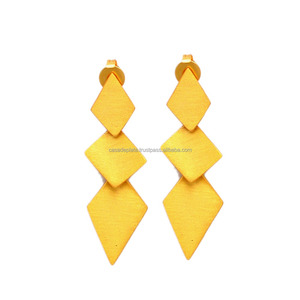 Handmade Designer Gold Plated Plain Texture 925 Sterling Silver <b>Long</b> Stud <b>Earrings</b> For Wedding Anniversary Gift Party For Women - Product Image 2