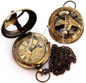 Старинный латунный 2 "сандиал компас стиль, антиквариатные карманные часы ожерелье с длинной цепью карманные компас подарок CHCOM686