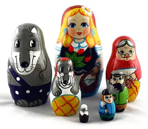 Red Hat and Wolf Matryoshka Nesting Stacking Wooden Dolls Child Story Movie TV Russian Fairy Tale Style Paintings Set 7pc