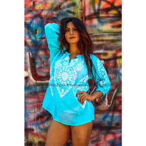 Robe tunique décontractée brodée bleue grande taille à manches longues taille naturelle lavable durable pour adultes Service OEM disponible - Product Image 1