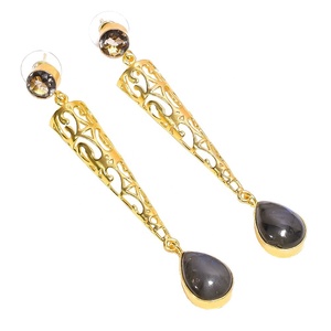 Pendientes de latón con gema de amatista rosa, joyería de Latón chapado en oro, diseño hecho a mano, labradorita - Product Image 1