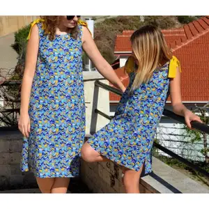 Boutique fashion family matching outfits with digital print off shoulder dress mother and daughter dress