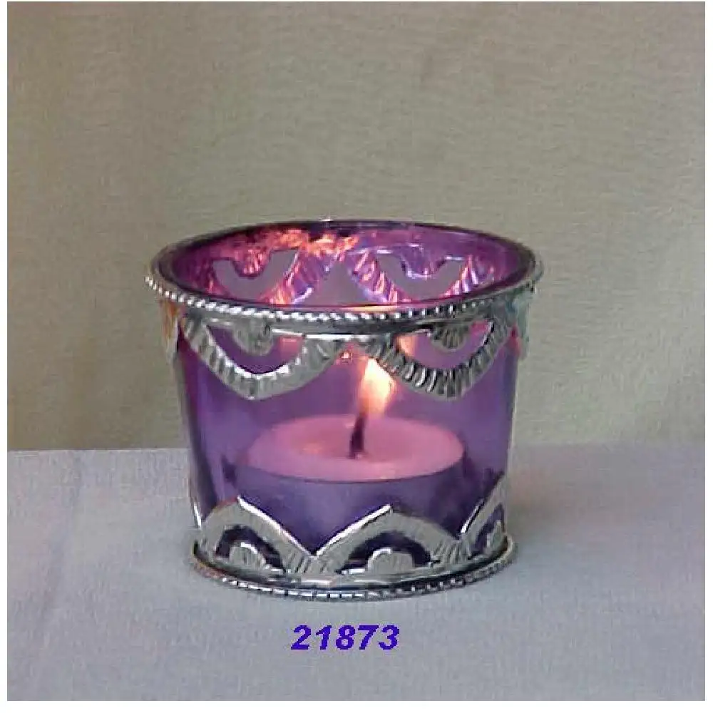 Hot Selling New Arrival Metal Tea light Purple Glass Silver Brass Tealight Votive Holder