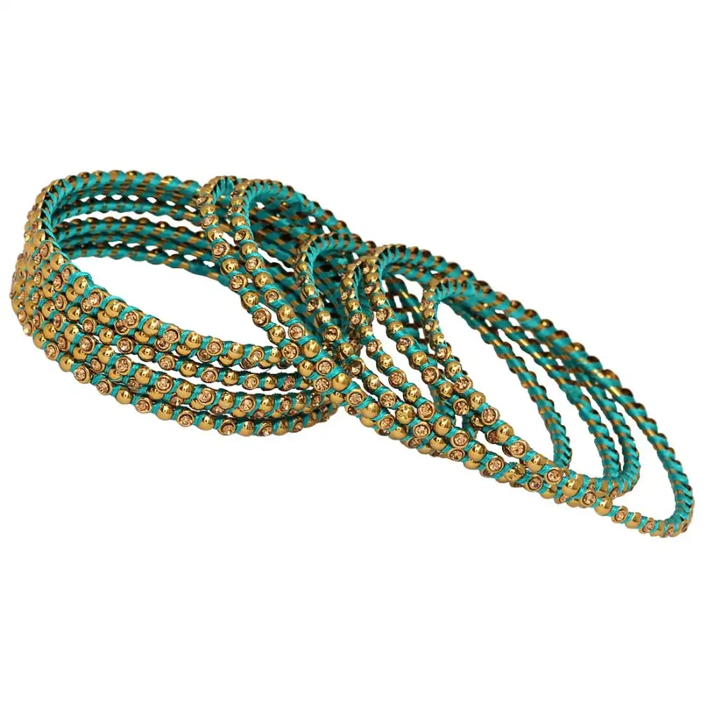 Thread Work With Gold Plating Turquoise Color Glass Stone Bangle Size: 2.10