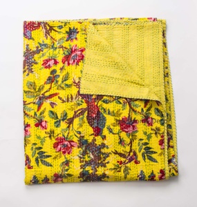 Indian Handmade Bird printed Kantha blanket at wholesale price Yellow Twin size Kantha <b>Quilt</b> for Home - Product Image 3