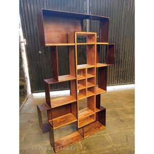 Estante de exhibición de metal de hierro y madera de mango macizo indio vintage e industrial de diseño moderno para cocina, baño y sala de estar - Product Image 1