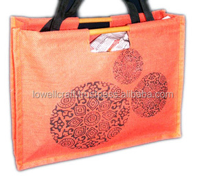 Orange Non-Woven Jute Shopping <b>Bag</b> with Bohemian Pattern Zipper Closure From Delhi by Lowellcraft.com - Product Image 2