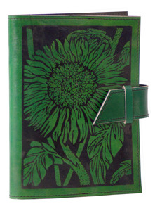 Cuaderno de tapa dura de cuero genuino 100% en relieve de girasol de Color negro verde hecho a mano con papeles blancos en blanco y cierre de correa - Product Image 3