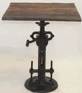 Industrial Vintage Cast Iron Hand Adjustable Crank Dining Table Reclaimed Old Wood Square Top