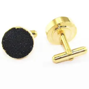 Exclusive quality black sugar druzy cufflink brass gold plated cufflink round shape men's jewelry cufflinks