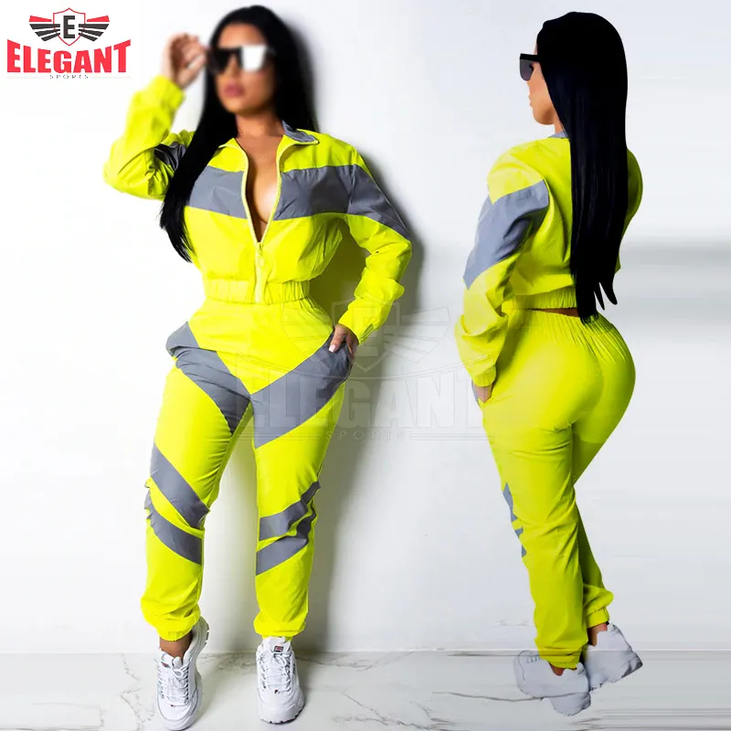 Yellow Contrast Color Two Piece Set Satin Tracksuit Women Windbreaker Sweat Suits Jogger Pants High Waist Long Sleeve Sweat suit