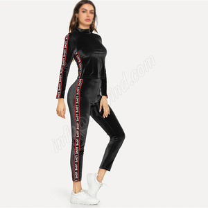 Ensemble de deux pièces en velours pour femmes, bandes, lettrage personnalisés, haut pantalon pour femmes, vêtements de sport décontractés à manches longues, col montant, slim, printemps automne - Product Image 2