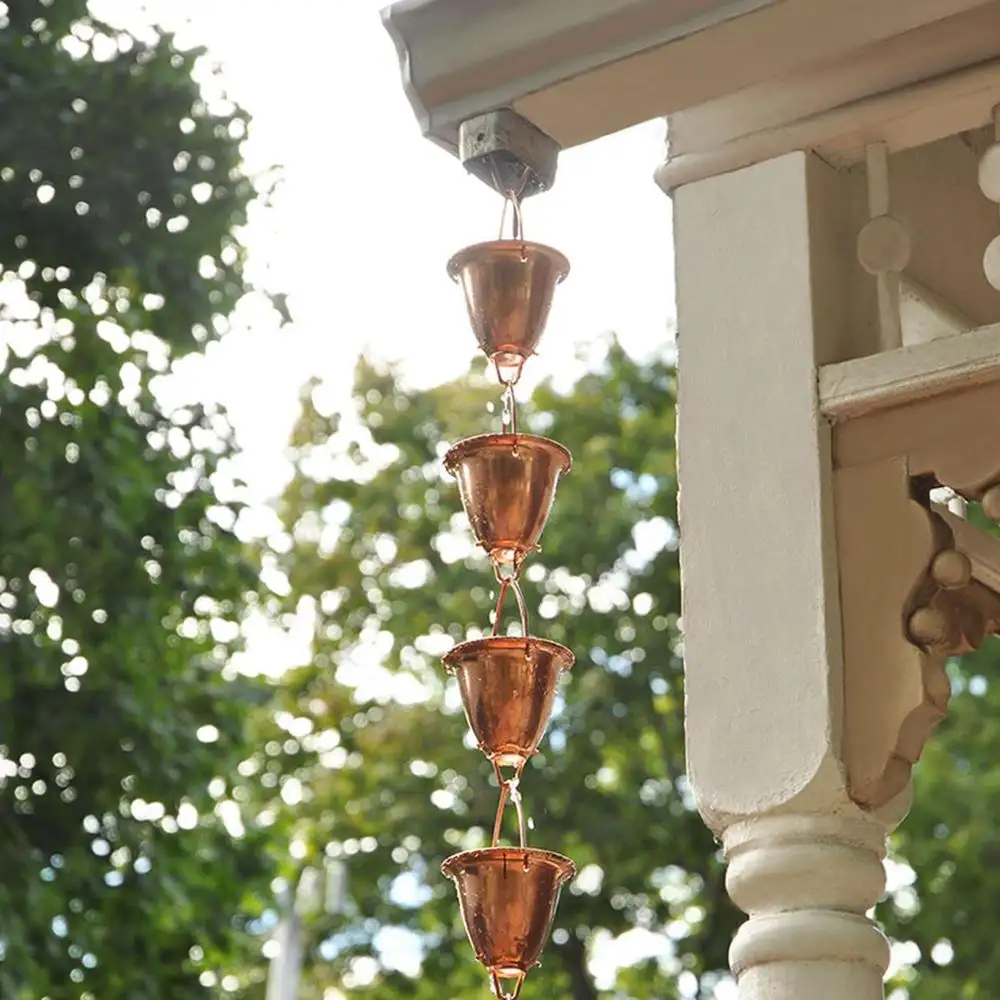 庭の装飾交換用のフラワーデザインカップ付き純銅ソリッドラージカップレインチェーン縦樋ウィンドチャイムオーナメント10mm