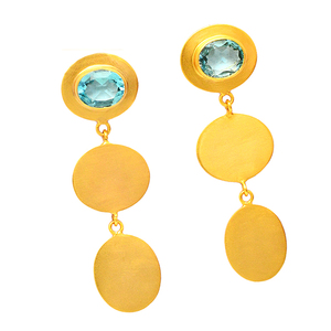 Blue Topaz Oval Cut Gemstone 925 Sterling Silver <b>Gold</b> Plated Stud <b>Dangle</b> <b>Earrings</b> Jewelry Bezel Setting Ethnic <b>Earring</b> For Women - Product Image 1